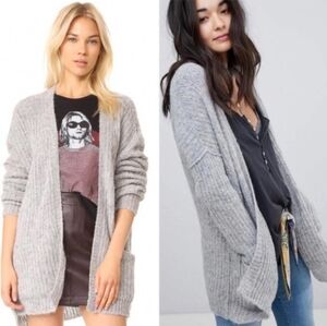 Free People Weekend Getaway Grey Ribbed Knit Alpaca Open Front Long Cardigan